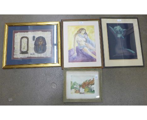 Two English School watercolours, a print and an Egyptian painting on papyrus **PLEASE NOTE THIS LOT IS NOT ELIGIBLE FOR POSTI