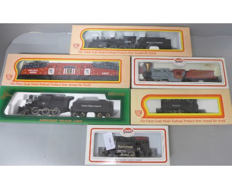 Six H0 scale American model trains; 3 x International Hobby Corp, 2 x Model Power and Mehano 