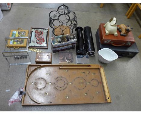 Assorted items; a wine rack, decorative items, briefcases and a bagatelle **PLEASE NOTE THIS LOT IS NOT ELIGIBLE FOR POSTING 