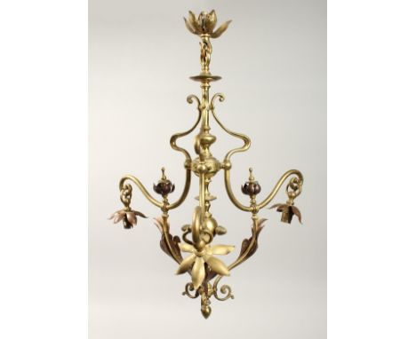 IN THE MANNER OF W. N.S. BENSON, A BRASS AND SOPPER ART NOUVEAU STYLE THREE LIGHT CHANDELIER. 24ins high.