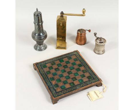 A BRASS SPICE GRINDER, A SUGAR SIFTER, A GREEK CHESS BOARD and two small grinders (5).