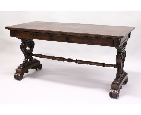 A VERY GOOD GILLOW MODEL RECTANGULAR TOP TABLE with plain top, two frieze drawers, carved and pierced end supports with curvi