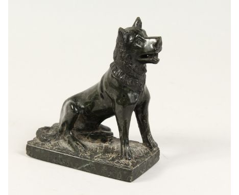 A CARVED SERPENTINE MODEL OF THE BURGHESE DOG 5ins high