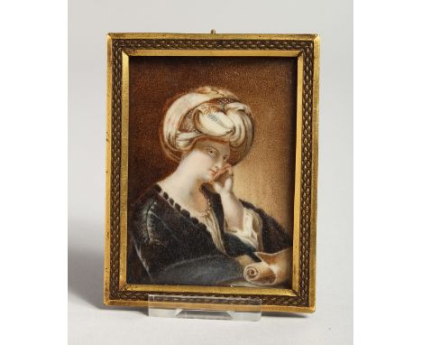 A 19TH CENTURY PORTRAIT OF A TURKISH LADY with a scroll 3ins x 2.25ins