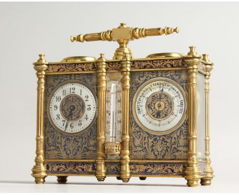 A SUPERB 19TH CENTURY FRENCH BRASS AND ENAMEL DOUBLE CARRIAGE CLOCK, the front with clock and barometer with blue floral enam