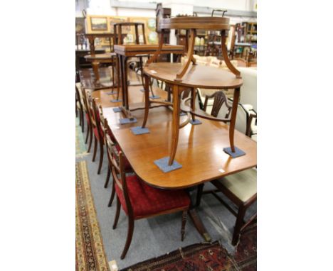 A GOOD GEORGE III DESIGN MAHOGANY TWIN PILLAR DINING TABLE with loose leaf. 7ft 9ins long 3ft wide.