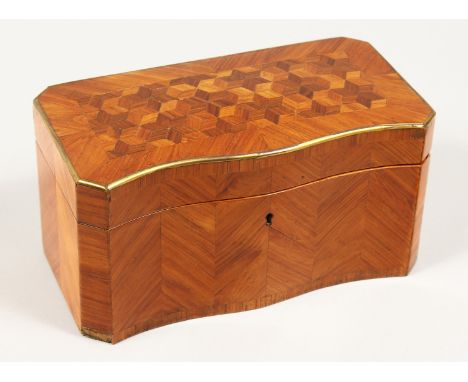 A 19TH CENTURY FRENCH KINGWOOD SERPENTINE-FRONTED TWO DIVISION TEA CADDY  with Van Dyck pattern parquetry inlay. 9.25 ins ac