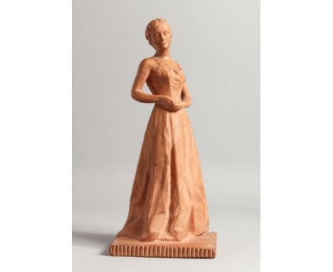 A 20TH CENTURY TERRACOTTA MODEL OF A YOUNG LADY, standing wearing a long dress, indistinctly signed to the square base. 13ins