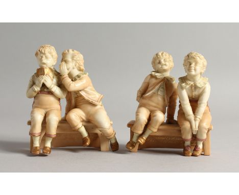 TWO AMUSING ROYAL WORCESTER BLUSH IVORY PORCELAIN GROUPS, each depicting two cheeky boys seated on a bench; "The Busy Whisper