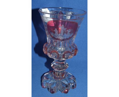 A Bohemian clear and ruby flashed glass goblet, with etched decoration, 20 cm high Condition report Report by RB

Generally g