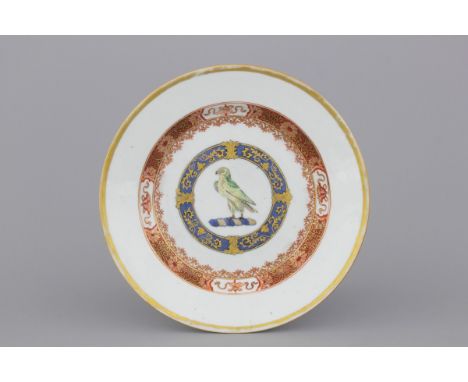 A Chinese armorial porcelain plate with a parrot, Yongzheng, ca. 1725 Dia: 23 cm. 
The crest, according to Fairburn, plate 10