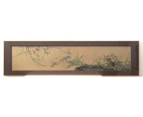 A large Chinese framed scroll painting with birds and flowers, 18th C. Depicting birds and quails in a naturalistic landscape