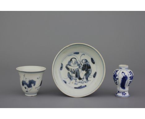3 Chinese porcelain blue and white wares, Ming dynasty and Kangxi Comprising a cup and a small plate, both Ming dynasty, and 