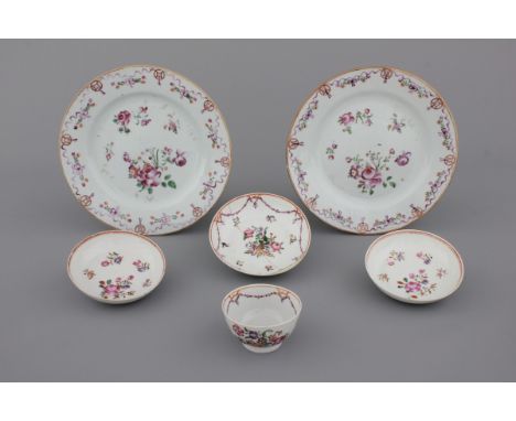 A set of Chinese porcelain famille rose plates and tea-sets, 18th C. Dia: 22 cm (the plates), 12,5 cm (the saucers). Some dam