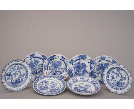 A group of 8 Chinese porcelain blue and white plates, 18th C. Dia: Ca. 25 cm (the set of 4 Kangxi plates), 22 cm (the pair of