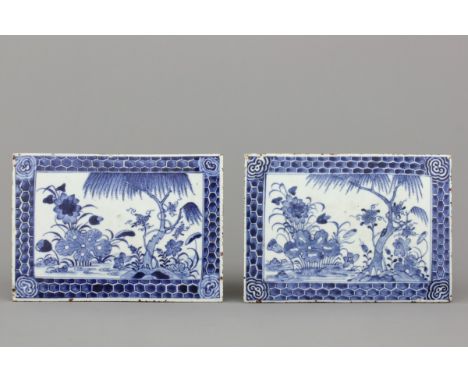A pair of Chinese porcelain blue and white rectangular tiles, 18th C. Each tile 24,5 x 17,5 cm