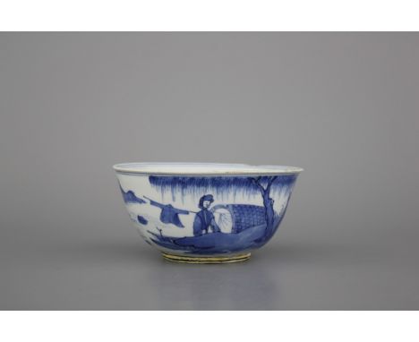 A Chinese porcelain blue and white bowl, Kangxi, 17th C. Marked with a 4-character mark between double circles. Condition: re