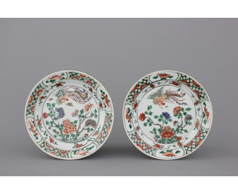 A pair of Chinese porcelain famille verte plates with phoenixes, Kangxi, ca. 1700 Dia: 24 cm