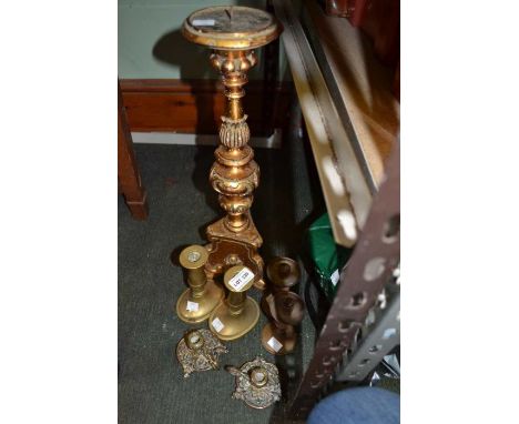 Three small pairs of candlesticks and an alter pricket candlestick