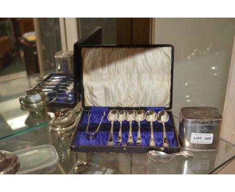 Silver tea caddy and spoon, cased silver spoons and a plated table lighter