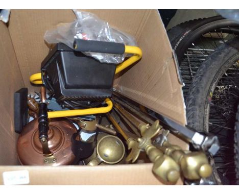 A selection of copper &amp; brass fireside items, together with a new plasters light