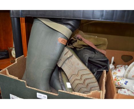 A box containing various fishing waterproof boots - "Sundridge wellies size 9 with fleece lined inners, a pair of "Dunlop" we