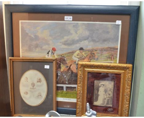 Two Family Portrait photos in gilt frames, together with a Horse Racing Ltd Edition print&nbsp;
