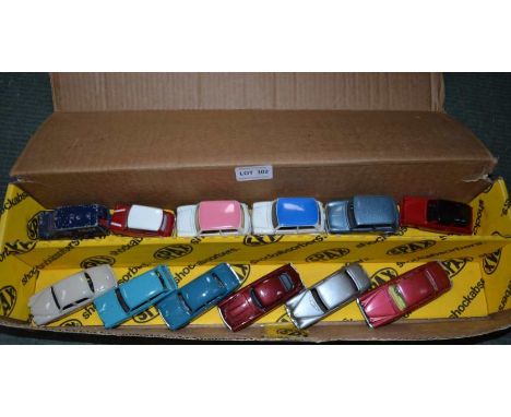 Twelve Corgi Toys die-cast model cars, including; Jaguar X Saloon, Riley Pathfinder, Aston Martin DB4, Ford Consul, Austin A4