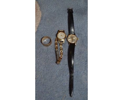 9ct gold ring, Garrard ladies wristwatch and another ladies bracelet watch