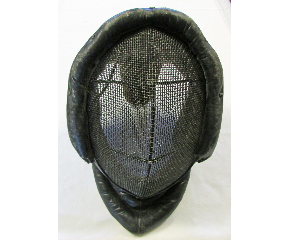 Fencing helmet of metal and leather construction, with a mesh grille
