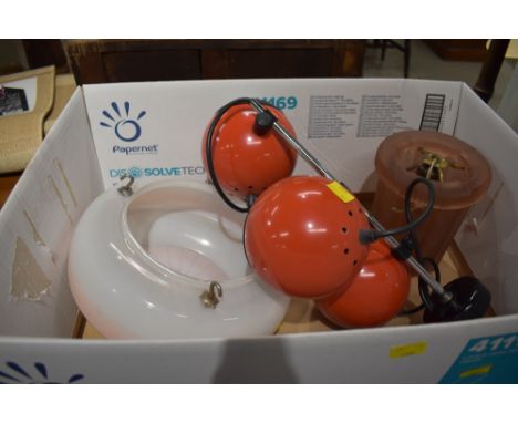 A box of light fittings including eyeball spots of vintage design
