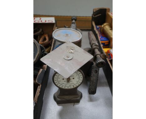 2 brass bow lamps, 2 precision scales & brass serving tray 