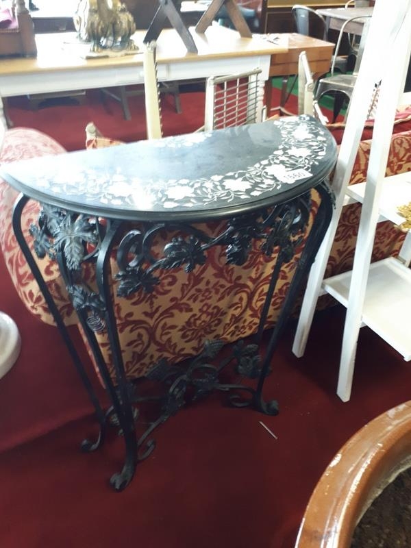 Pair of decorative half moon side tables unit Petra Dura marble tops