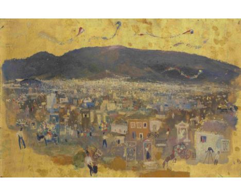 Spyros Vassiliou (Greek, 1902-1985)Festival, Athènes signé en grec (en bas à droite)technique mixte et feuille d'or sur panne