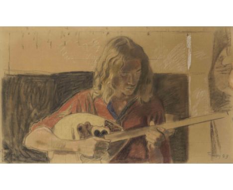 Yiannis Tsarouchis (Greek, 1910-1989)Dominique jouant le bouzouki signé en grec et daté '73' (en bas à droite)pastel et fusai