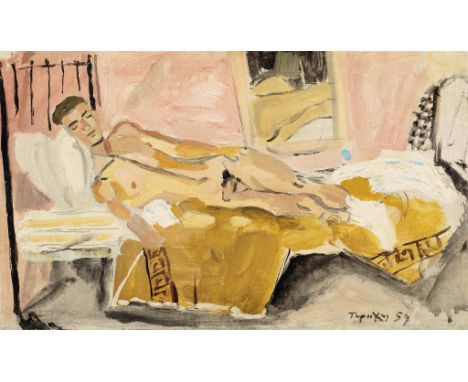 Yiannis Tsarouchis (Greek, 1910-1989)Garçon couché signé en grec et daté '54' (en bas à droite)huile sur toile20.5 x 34cm (8 