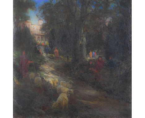 English School (19th/20th century) "Classical Landscape" Oil on board, with inscribed label verso including artist's Newlyn, 