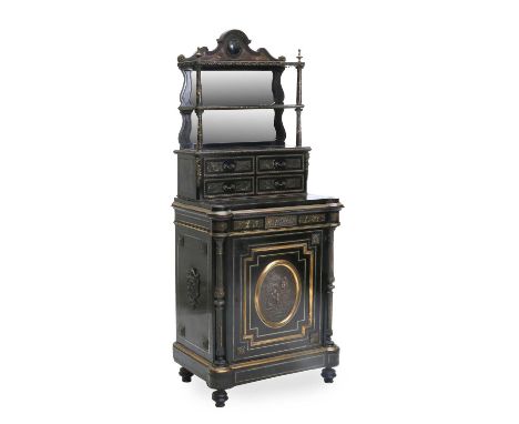 A Louis XVI-Style Ebonised, Gilt-Metal-Mounted and Faux Marble Chiffonier, late 19th century, the superstructure with scrolle