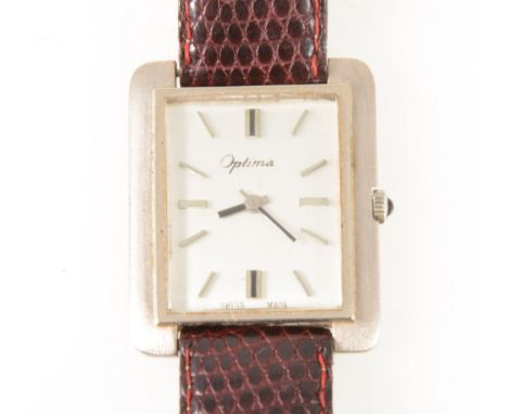 Optima - a gentleman's white metal wrist watch, the rectangular baton dial set in a white metal brushed case 30mm x 26mm, bac