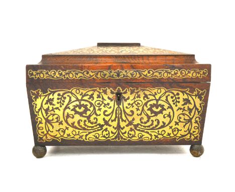 A Regency rosewood and boulle work tea caddy, sarcophagus form, twin hinged caddy interior, lacking bowl, lion mask handles, 