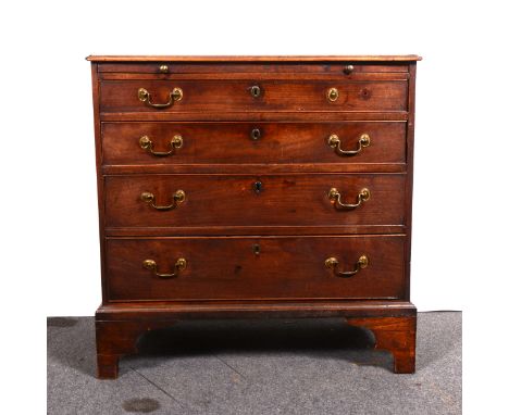 George III mahogany chest of drawers, rectangular top with moulded edge over a slide, four graduated long drawers, later slin