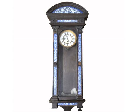 Viennese oak regulator, mid-19th century, architectural case, inset blue and white enamel plaques in the Renaissance style, w