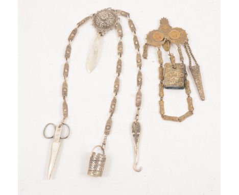 A modern silver chatelaine by Geoffrey Francis Mansell, Birmingham 1996/1997, having three chains supporting a pair of scisso