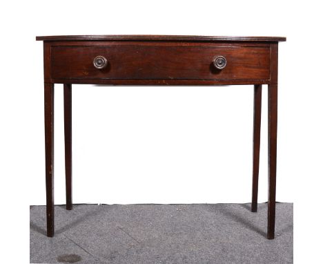 George III mahogany bow-front side table, reeded edge, with frieze drawer, on tapered square legs, width 99cm, depth 50cm, he