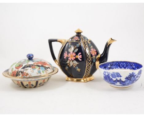 A black glazed earthenware four-piece tea service, other teaware, etc.