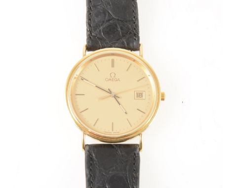 Omega - a gentleman's yellow metal quartz wrist watch, circular dark champagne baton dial with centre seconds hand and date a