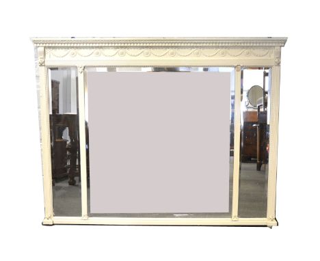 A painted over mantel mirror, the frieze with rosette and swag moulding, above three rectangular bevelled plates, width 147cm