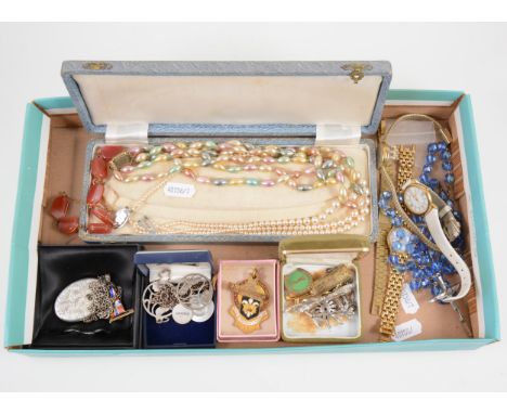 A collection of silver and costume jewellery, an oval silver locket and chain, two paste set brooches, an enamel yacht brooch