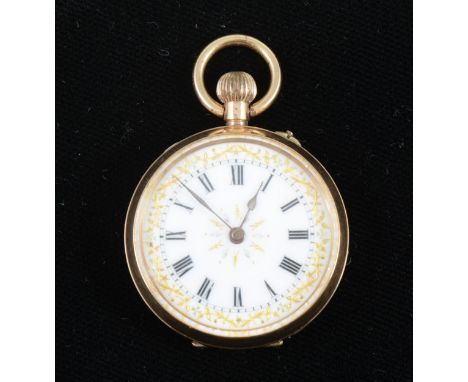 A yellow metal open face fob watch, circular white enamel dial with Roman numeral chapter ring and gilt decoration, floral an