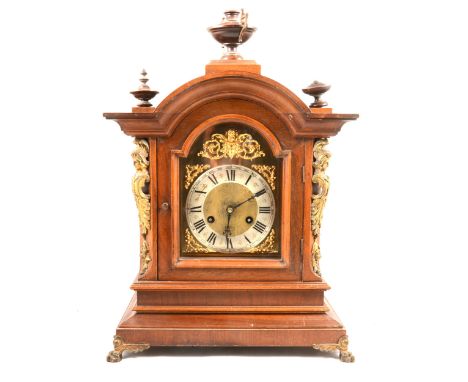 German walnut mantel clock, movement striking on two gongs, some damage, 49cm.